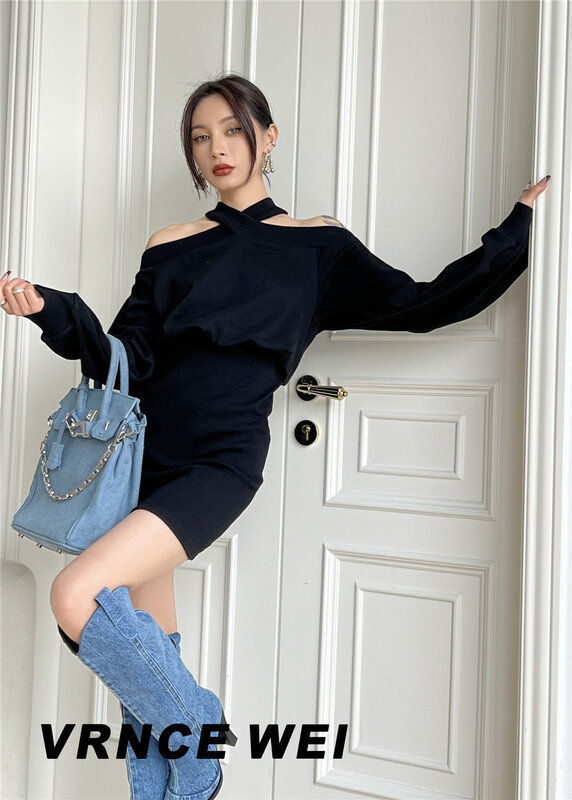 [Vince] fashionable neck hanging design waist closing sweater dress 5072# jhy