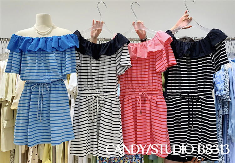 [candy] Korean one shoulder stripe Ruffle Dress 8313# zjy