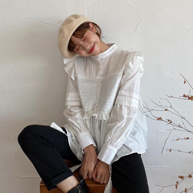 Early winter NEW! [timely rain] Han Feng ins retro heavy industry palace style loose and thin versatile shirt ro17# YYW