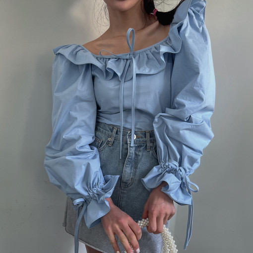 goods in stock! [X.C] sweet ruffled trumpet sleeve bandage blouse 215# WPL