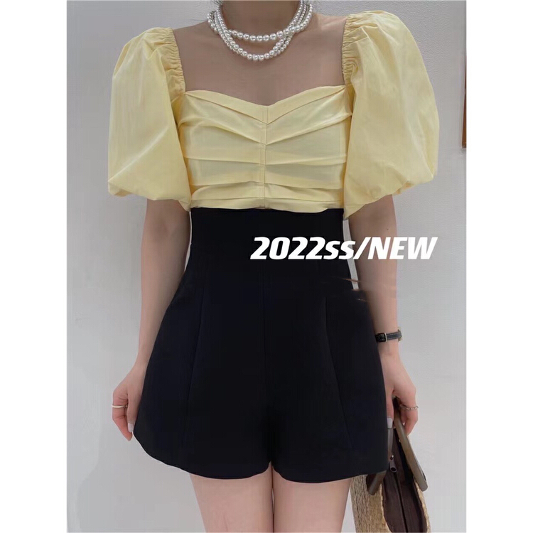 [lucky] bubble short sleeved waist with thin folds small shirt 8799# zxx