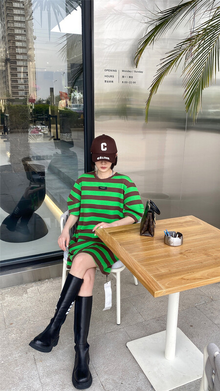 [LAN] Korean stripe contrast loose label T-shirt dress y0622# lwy