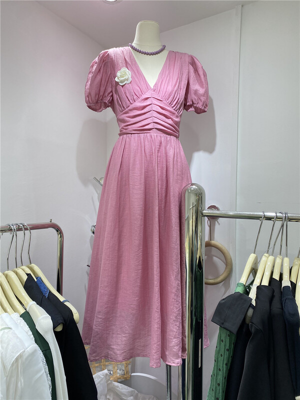 goods in stock! Early summer Shangxin 1 [u.me] temperament bubble sleeve V-neck high waist dress (without Brooch) 59226# hjy