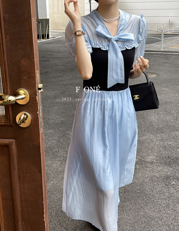 New in early summer! [f one] temperament lady bow stitched knitted dress 66023# WPL