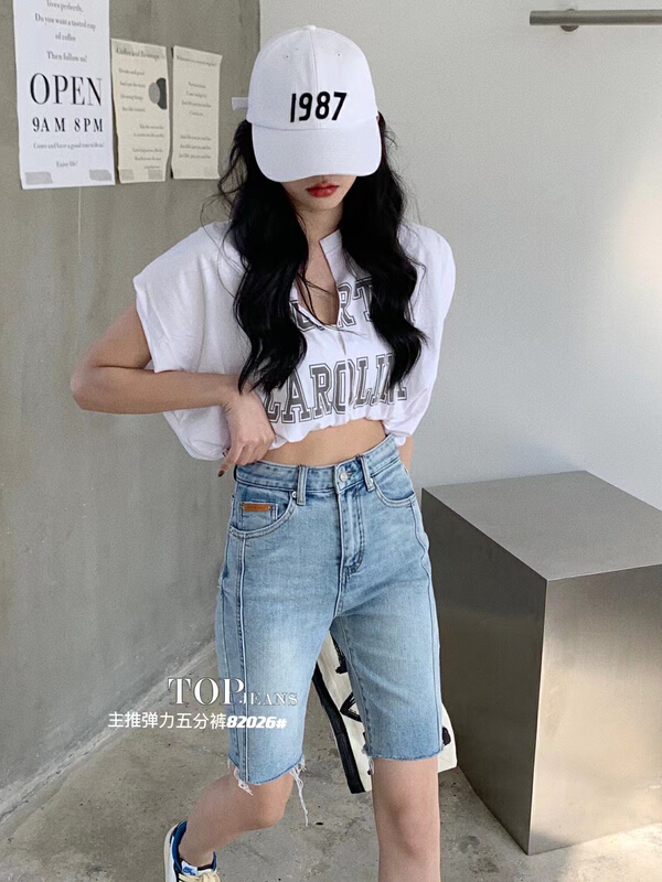 goods in stock! New in early summer! [top] elastic worn five point versatile denim shorts 82026# XJ