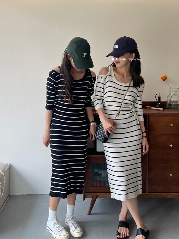 現貨!初夏上新!【B加】條紋純欲條紋露肩連衣裙  22-9212-2#  HBX
