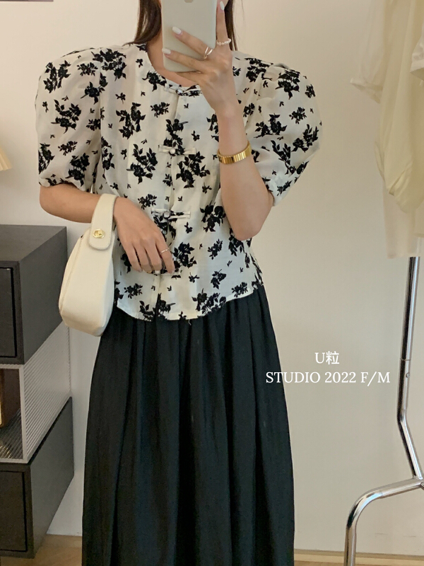 [u-grain] foam sleeve flocking disc button blouse 5680# HBx