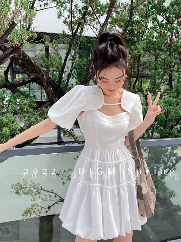[digm] Korean fashion temperament thin bubble sleeve shirt + thin and versatile solid color suit 3522# zxx