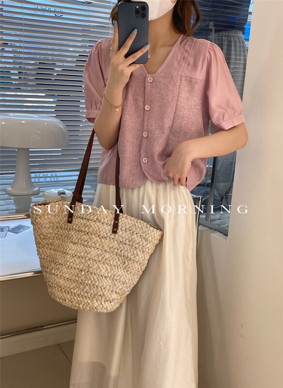 [Sunday morning] French V-neck style contrast short shirt 9117\zjy