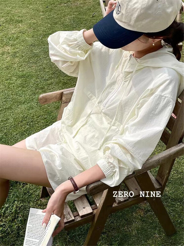 [zero-nine 09] hooded drawstring long sleeve sunscreen shirt + elastic waist casual Shorts Set 9300# zjy