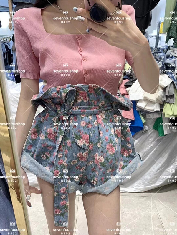 [sevenflower] fashion floral versatile denim shorts (with belt) ys2-65473# ozq