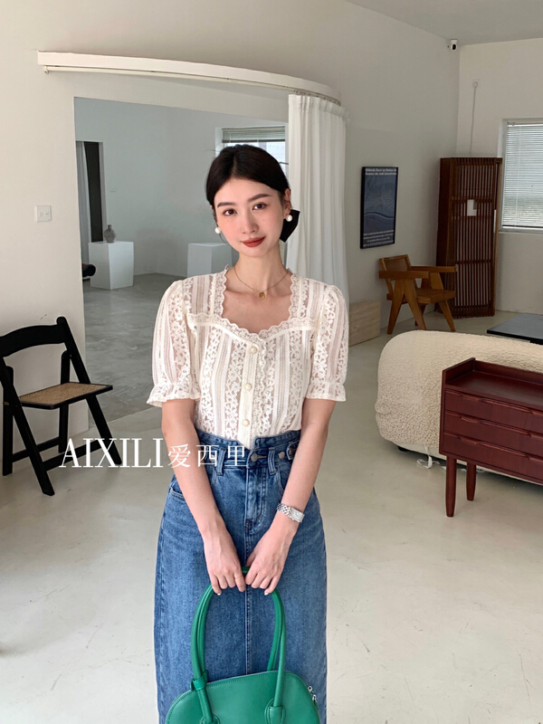 goods in stock! New in early summer! [aixili aisili] short sleeve lace versatile blouse 6175-1# WPL