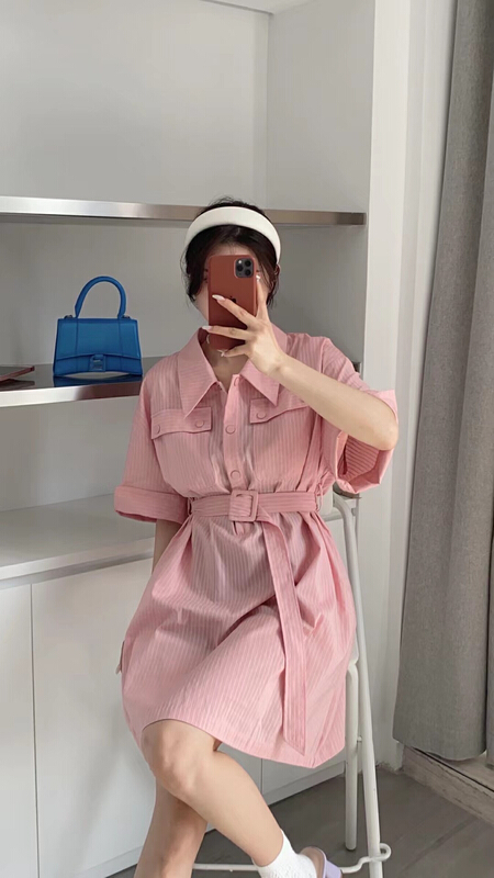 New in early summer! [u say] design sense vertical grain waist closing and thin work shirt dress (with belt) 65256# LSL