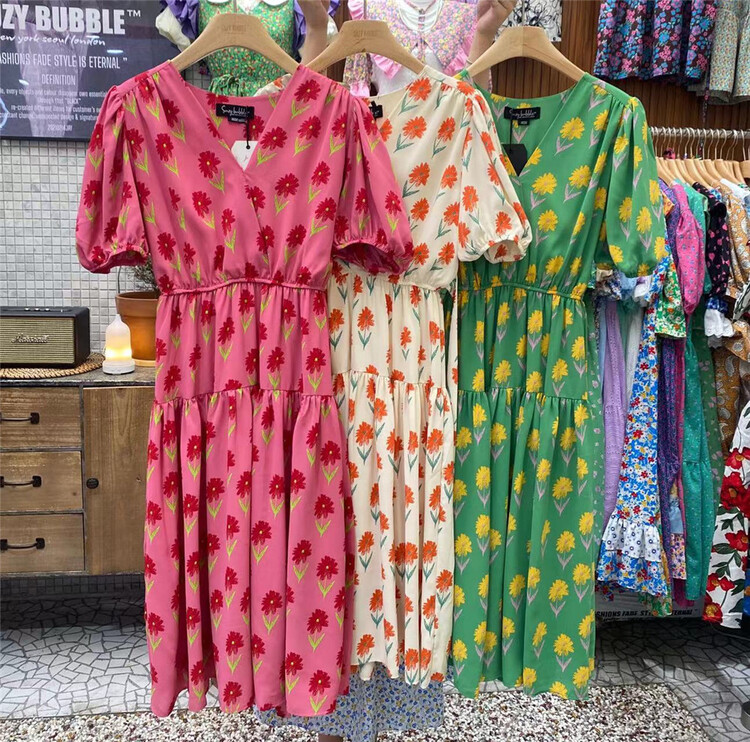 [N21] Vintage elegant V-neck print waist dress ys4-208# WPL