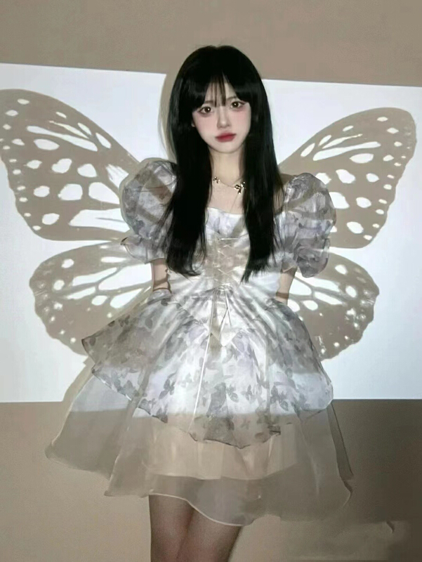 【心然】甜酷風網紗印花蓬蓬連衣裙  6215#  PCZ
