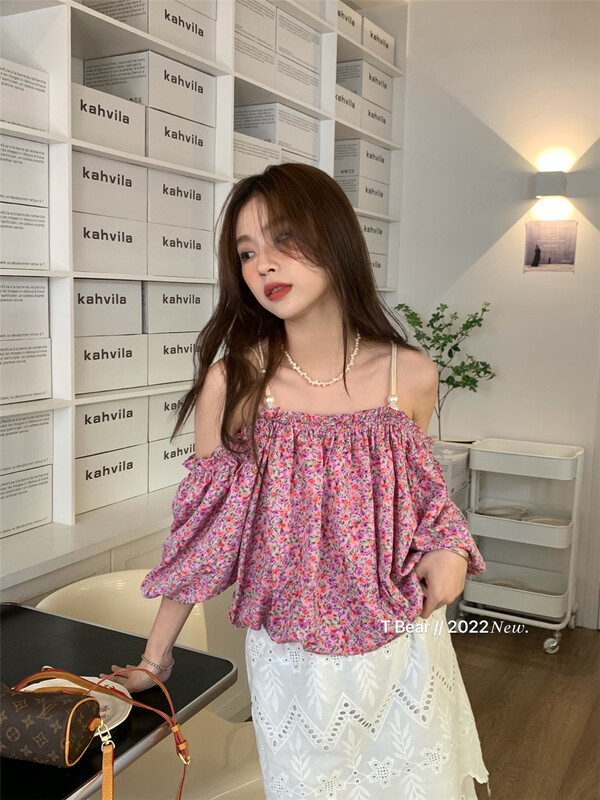 [t.bear] French style off shoulder suspender shirt 28628# zxx