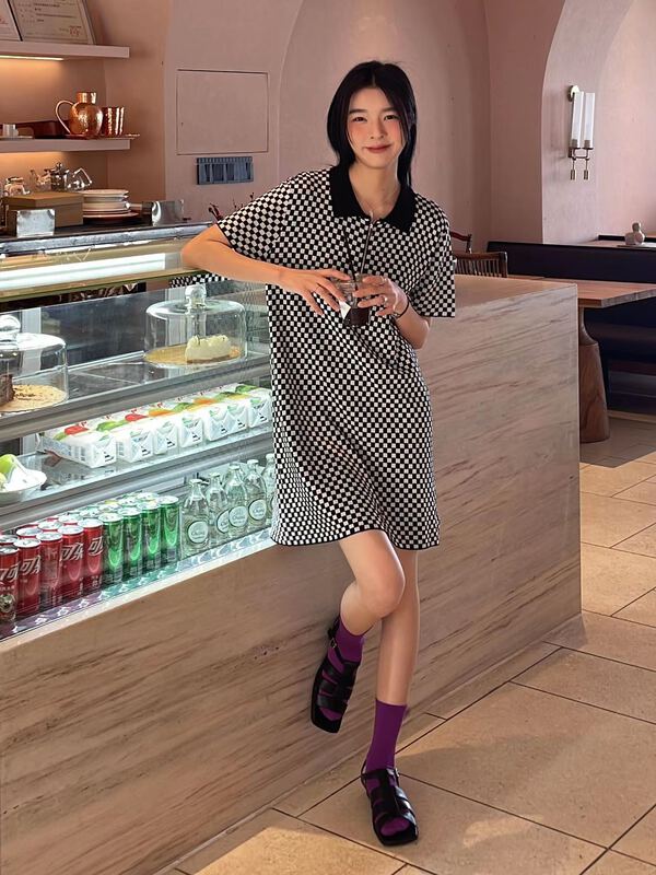 [clean space] Korean comfortable slim Plaid polo dress 30999# CLS