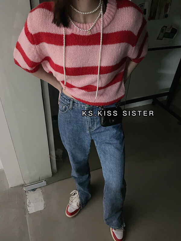 goods in stock! New year in early spring! [KS] crew neck Pullover striped blouse 22100# ozq
