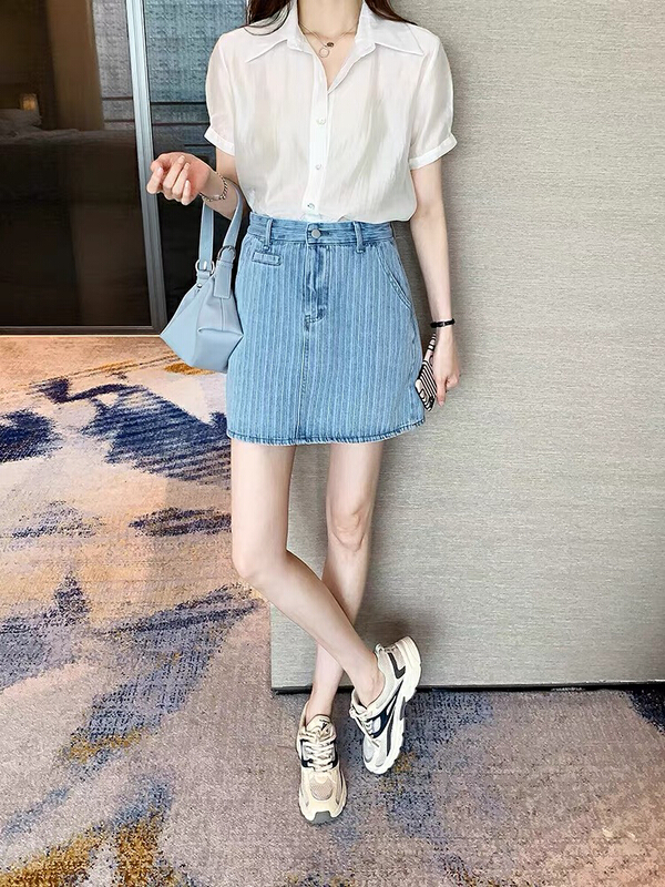 New in early summer! [four seasons] striped versatile high waist slim denim skirt 756# LSL
