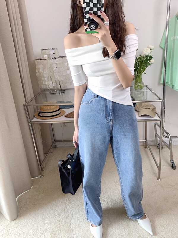 New in early summer! [Vanessa] simple elastic thread cotton diagonal shoulder shirt 6093# ozq
