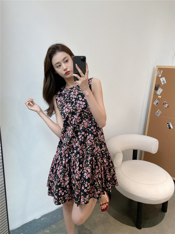 [modern 197] floral pleated sleeveless dress 81180# GYJ