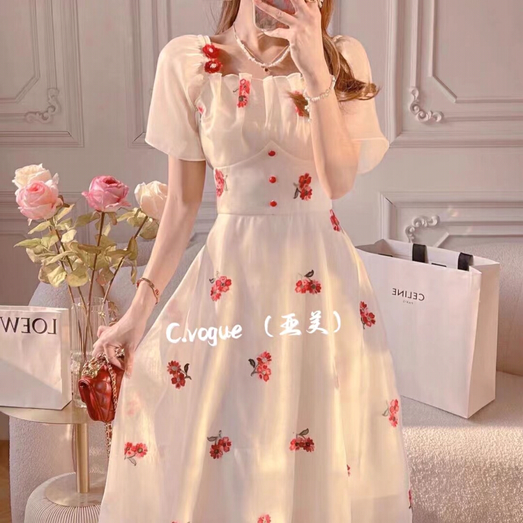 [c.vogue] French sweet one shoulder gentle thin embroidered dress 8882# PCZ