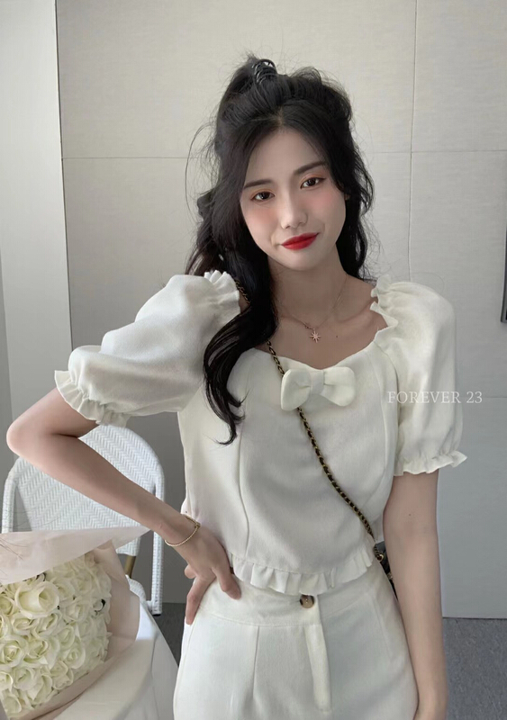 goods in stock! New in early summer! [forever23] Princess xiaoxiangfeng bow tie blouse + A-line skirt set q2033# hjy