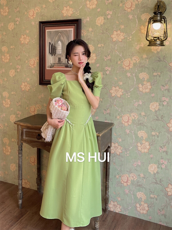 New in early summer! [ms.hui] temperament Fashion Square Neck bubble sleeve pearl medium length dress ys1-963# WPL