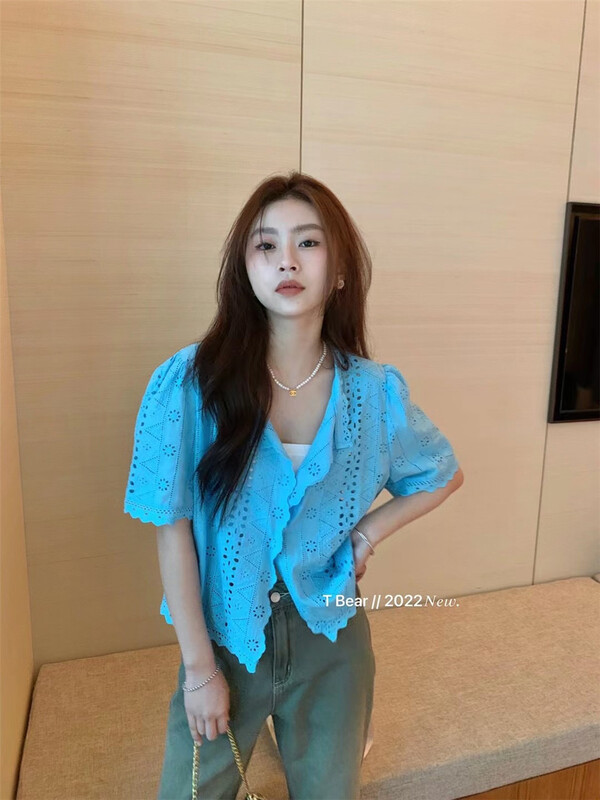 [t.bear] French style hollow out short sleeve shirt ys1-26681# zxx