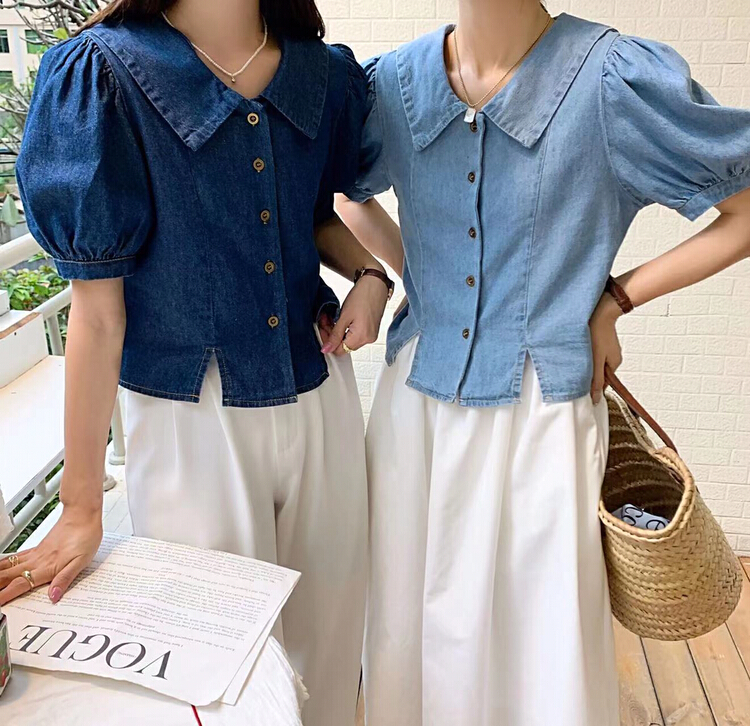 goods in stock! New in early summer! [G.W] Korean baby collar bubble sleeve age reducing denim shirt 2267# zxx