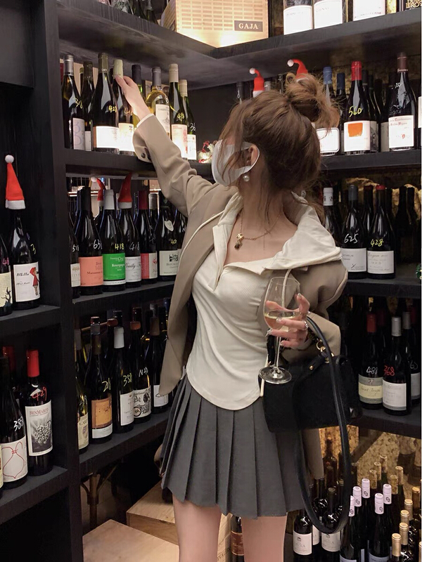 New year in early spring! [by] slim fit elastic knitted Hoodie + pleated skirt set 7059-1# HBx