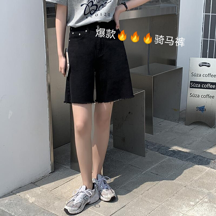 New in early summer! [JFT] pure black high waist elastic five point denim shorts jft5538# CLS