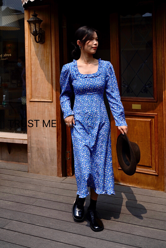 [trust me] square collar fungus edge floral fashion dress 20170# YYW