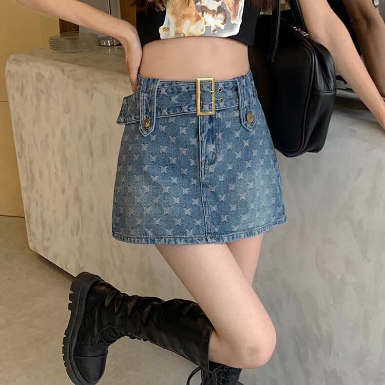 New year in early spring! [timely rain] Han Feng ins retro hot girls versatile elastic jacquard Hip Wrap denim skirt (with belt) (only skirts) 64225# WPL