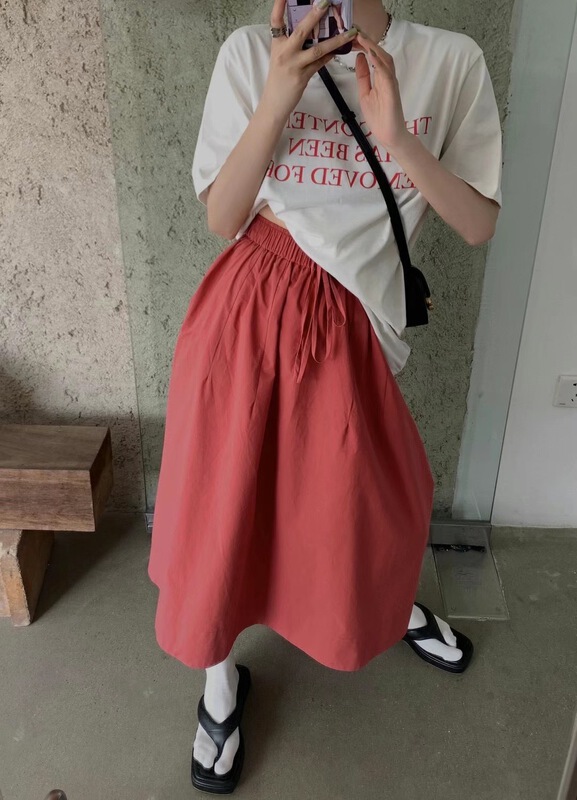 goods in stock! New in early summer! [C oni] Korean high waist elastic waist solid color medium length skirt c220-sk512# lwy