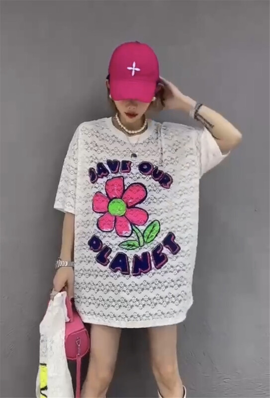 [Yi Ge Li] Korean round neck loose printing hollow out design blouse 1230# WPL