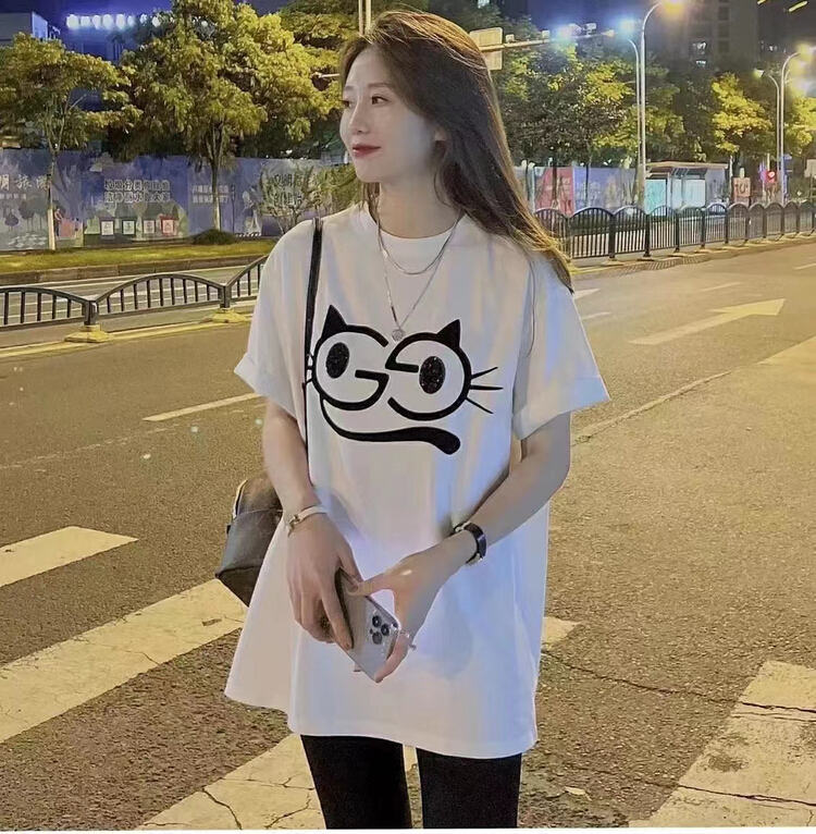 [LML] cat print loose Casual Short Sleeve T-shirt 4680# ozq