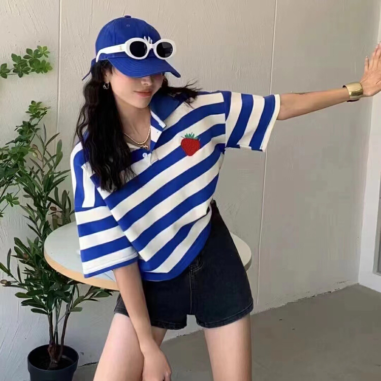 [HH & miss Lai] striped strawberry embroidered Polo neck short sleeve T-shirt 117# L