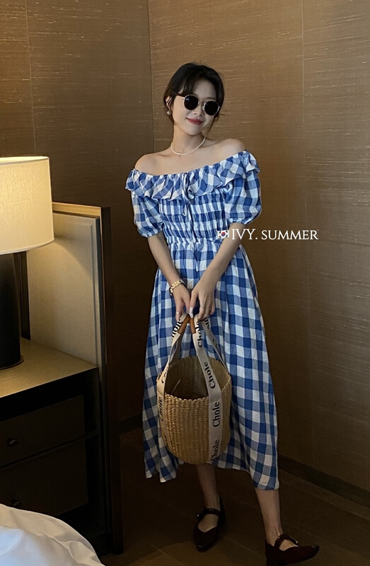 [Ivy] Korean Plaid waistband herringbone neck dress 88180# XJ