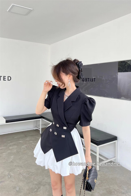 [how and me Cheng Xi] temperament heavy industry waist closing bubble sleeve suit (excluding skirt) 7018# LSL