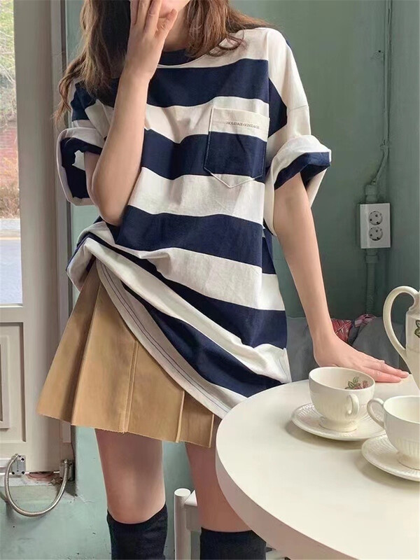 [td] personalized loose stripe single pocket short sleeve T-shirt t003958# XJ