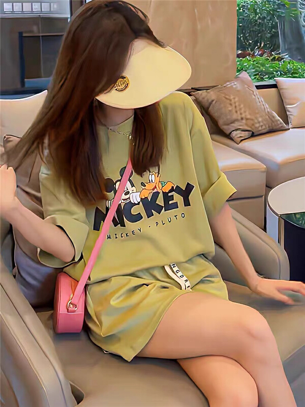 [jun.t] fashion casual print Mickey print short sleeve + versatile comfortable casual Shorts Set 6046# PCZ