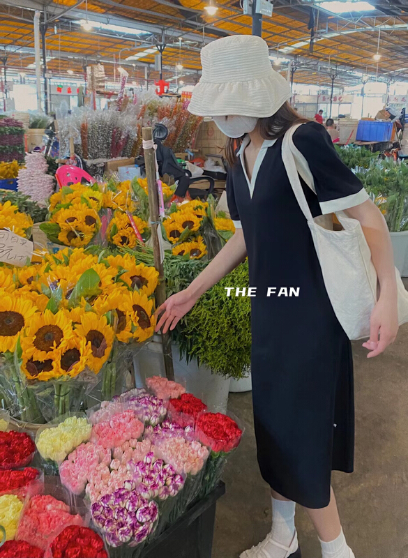 [THE FAN] color matching Polo collar pullover dress s506136# PCZ