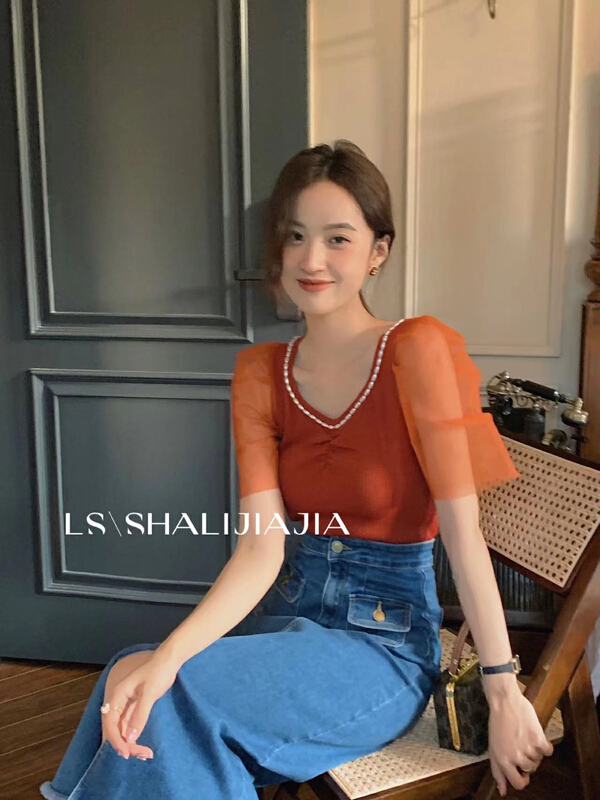 [LS] Korean nail bead stitched mesh sleeve shirt 6259# WPL