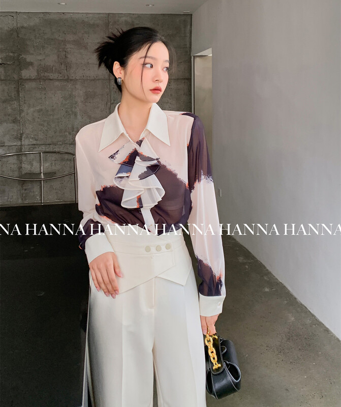 New year in early spring! [Hanna Hanna] elegant ruffled white collar contrast shirt m8090# XJ
