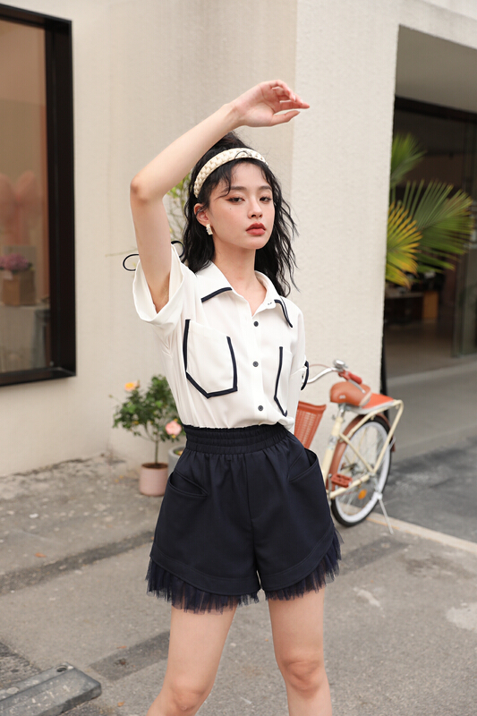 [GL] Lapel breasted short sleeved shirt + mesh stitched casual Shorts Set c3040# JJ