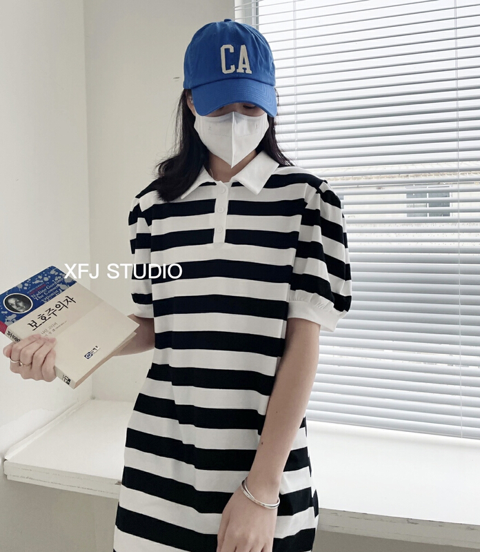 [Xiaofan family] Korean striped bubble sleeve polo collar dress 6172# LSW