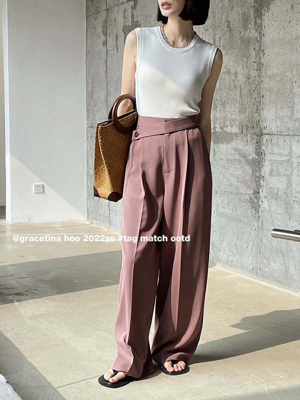 New in early summer! [gracetina Hoo] irregular profile vertical ice silk floor dragging casual pants k9161# zxl