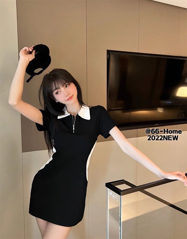 New in early summer! [66 home] Korean color blocking, waist closing and thin polo collar dress 918# PCZ