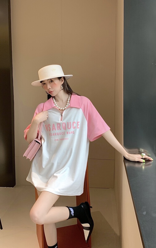 [our] Korean fashion casual print contrast polo collar short sleeve T-shirt 9165# LSW